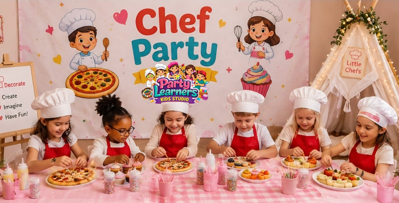 Chef Party — kids in chef hats and red aprons decorating mini pizzas, cupcakes and fruit creations at a Chef Party setup by Party Learners Kids Studio