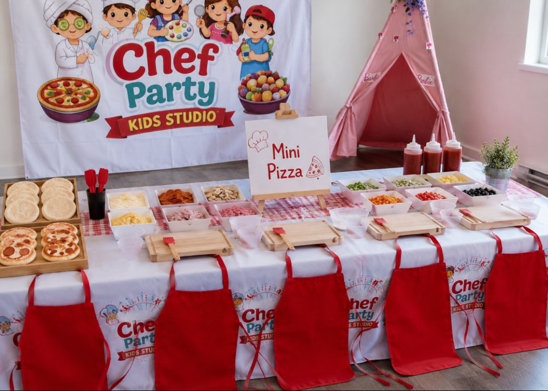 Chef Party — Decorating Experience setup with Chef Party Kids Studio backdrop, mini pizza decorating station, parent-provided pizza bases, sauces and toppings, red aprons and pink tipi