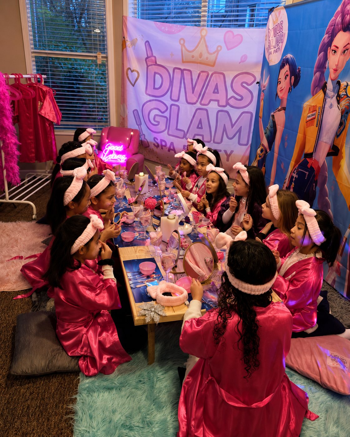 Wide top-down view of a Divas Glam Spa Party — large group of girls in pink robes and bow headbands seated around the table with DIVAS GLAM SPA PARTY backdrop, Good Vibes neon sign, robes rack and teal rug