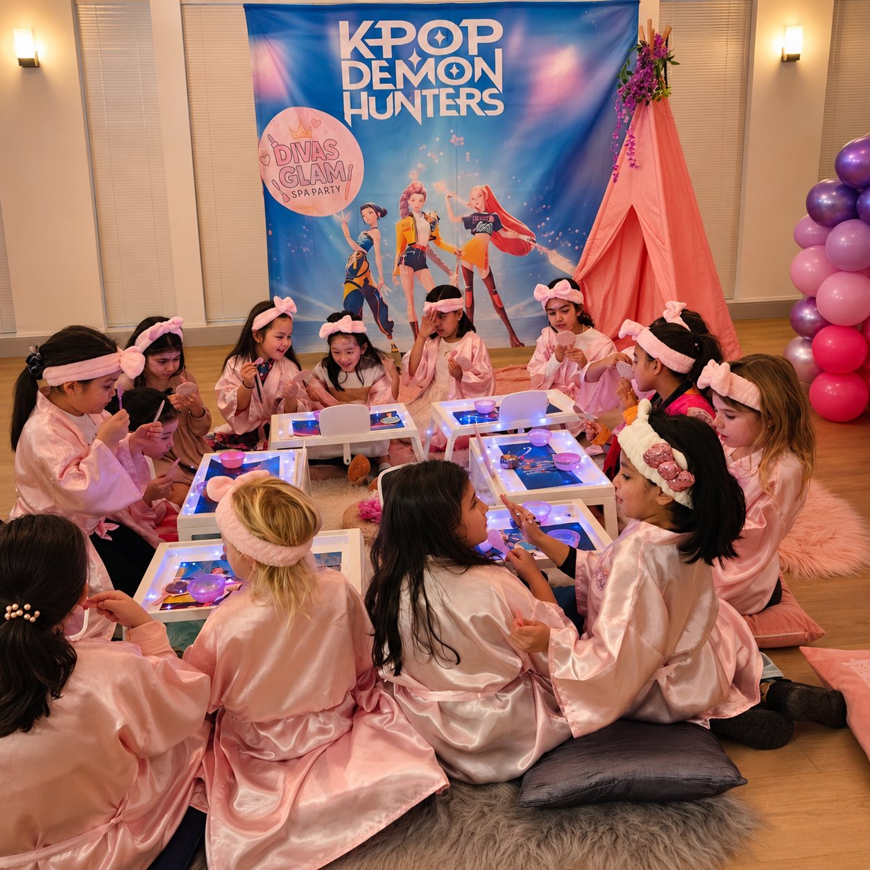 Real Divas Glam Spa Party in the Lower Mainland — group of girls in pink robes and bow headbands seated around white spa tables with light-up trays