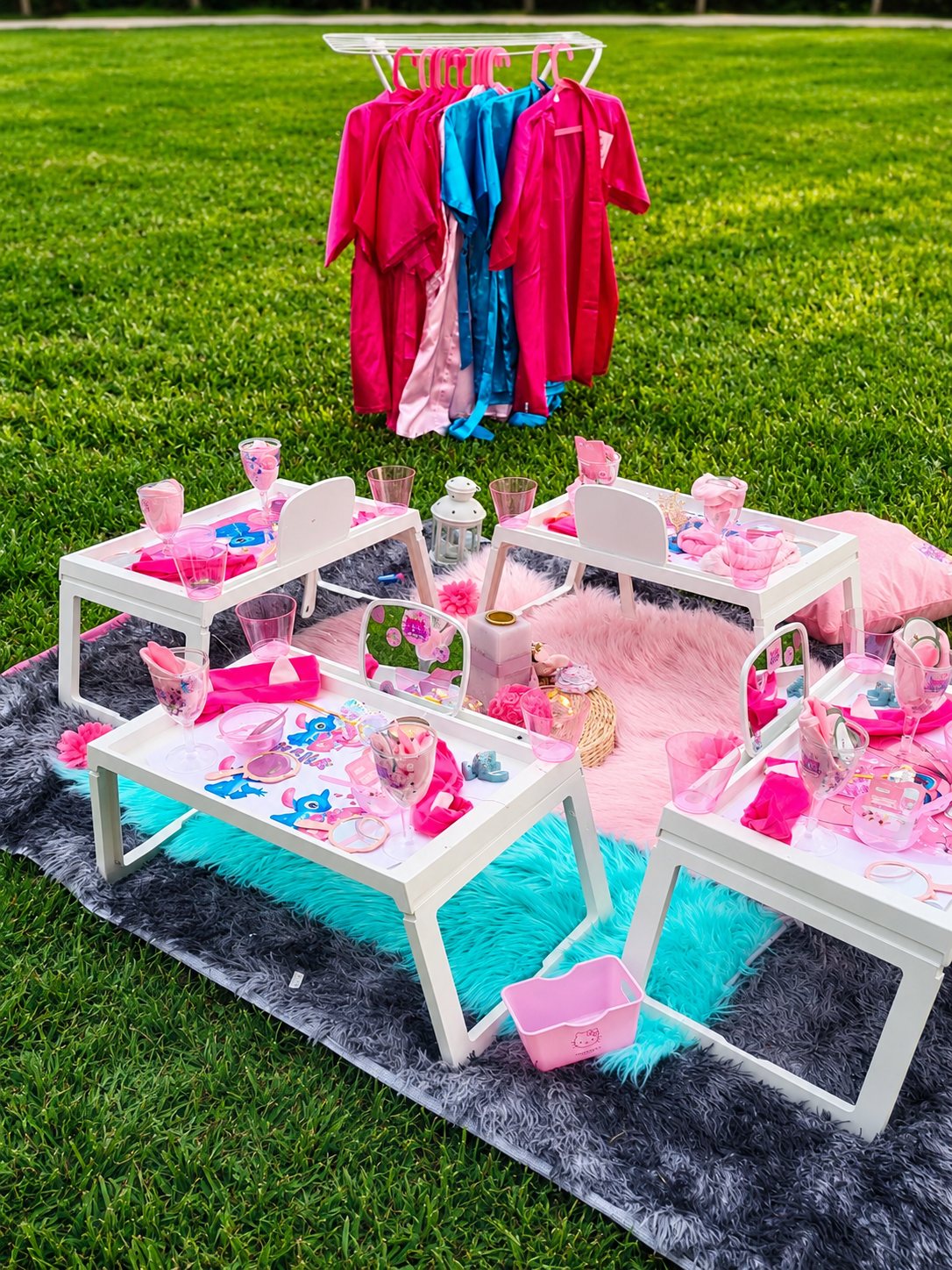 Outdoor Divas Glam Spa Party setup on grass with pink and teal robes rack, white spa tables on a fluffy rug and themed accessories at Party Learners Kids Studio