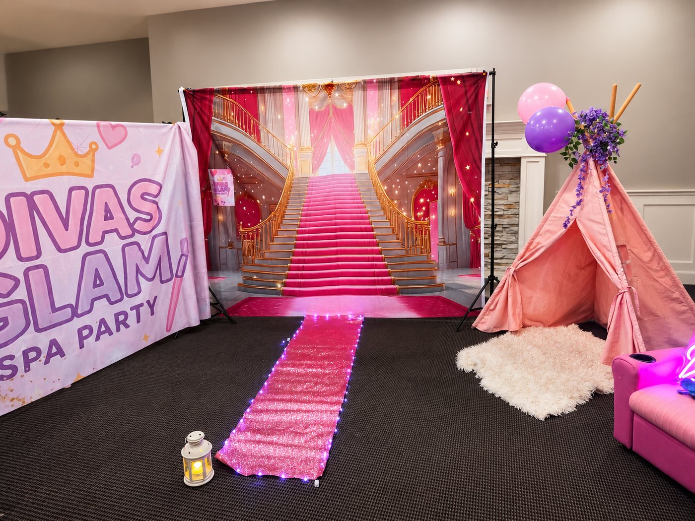 Divas Glam Spa Party setup with pink castle backdrop, pink runway carpet, DIVAS GLAM SPA PARTY banner, pink tipi and balloons at Party Learners Kids Studio