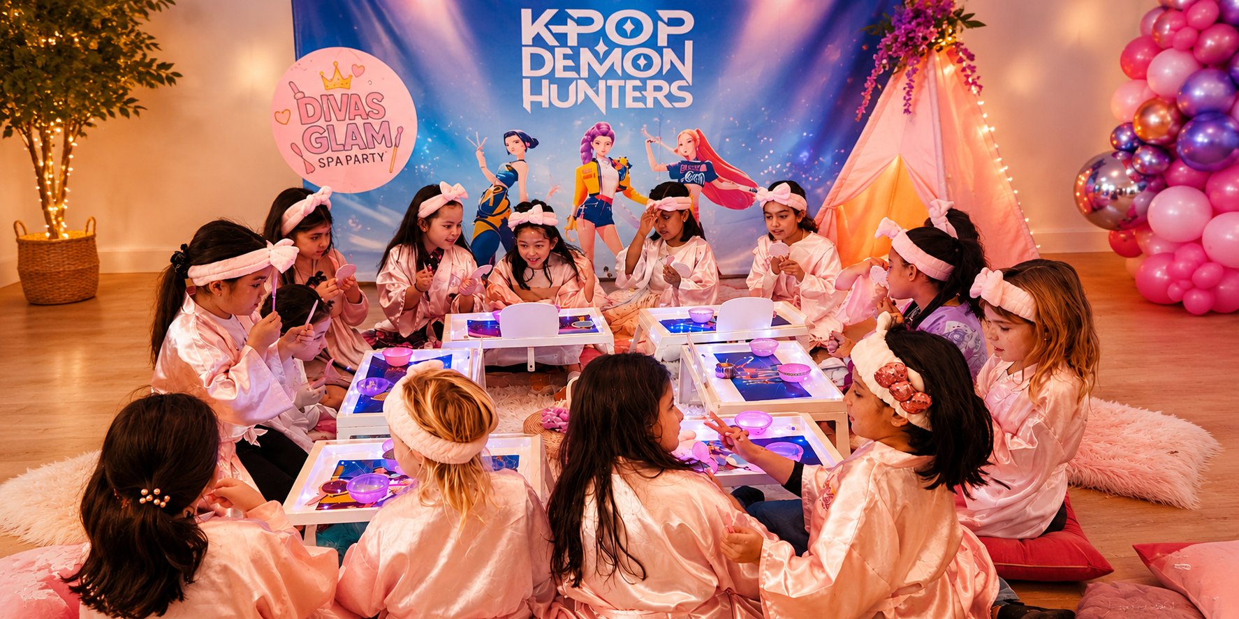Girls in pink spa robes around light-up activity tables at a Divas Glam Spa Party with a K-pop-inspired backdrop and balloon décor