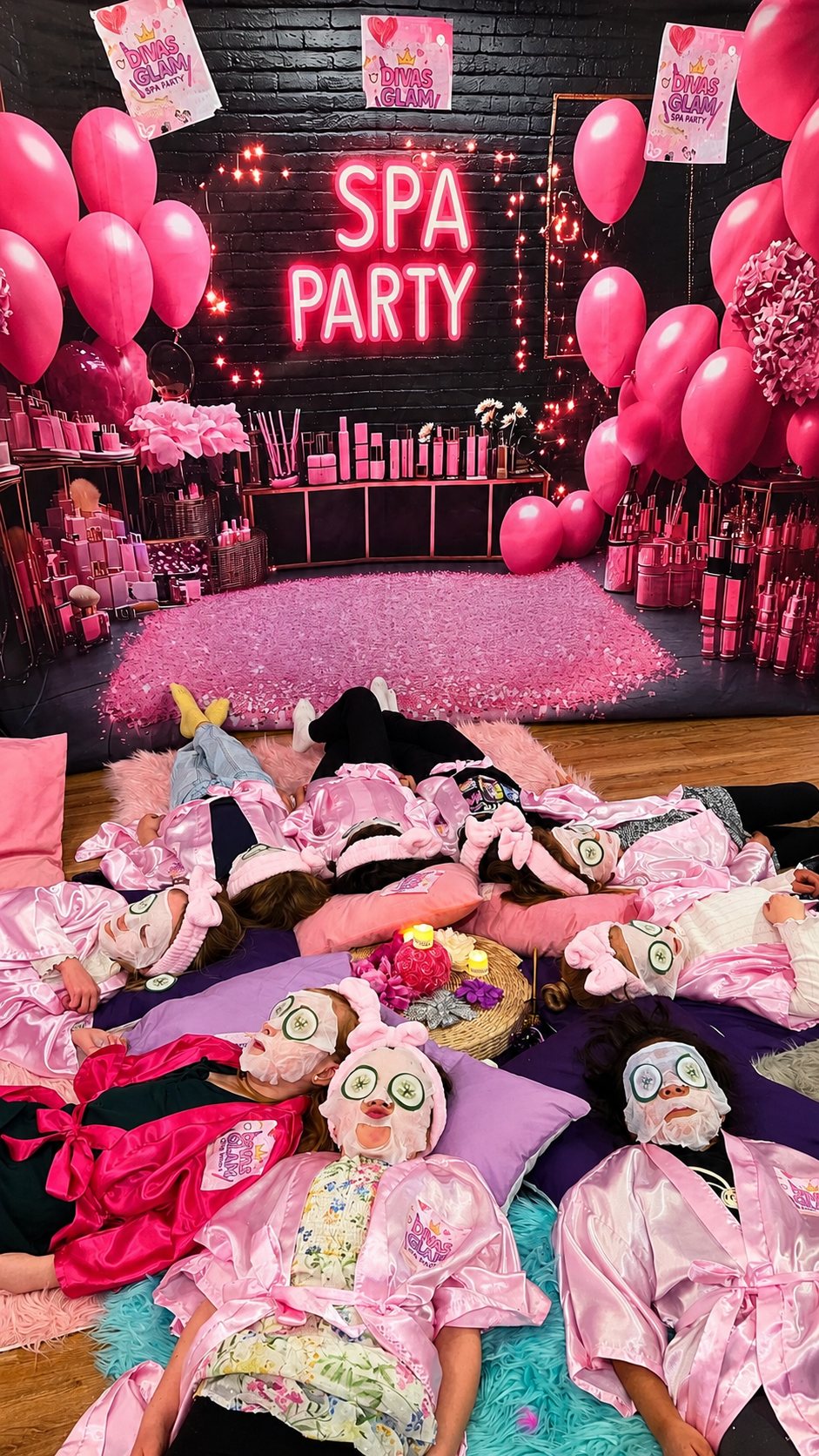 Group of girls relaxing in pink robes with spa-style masks and cucumber pieces under the SPA PARTY neon sign at a Divas Glam Spa Party