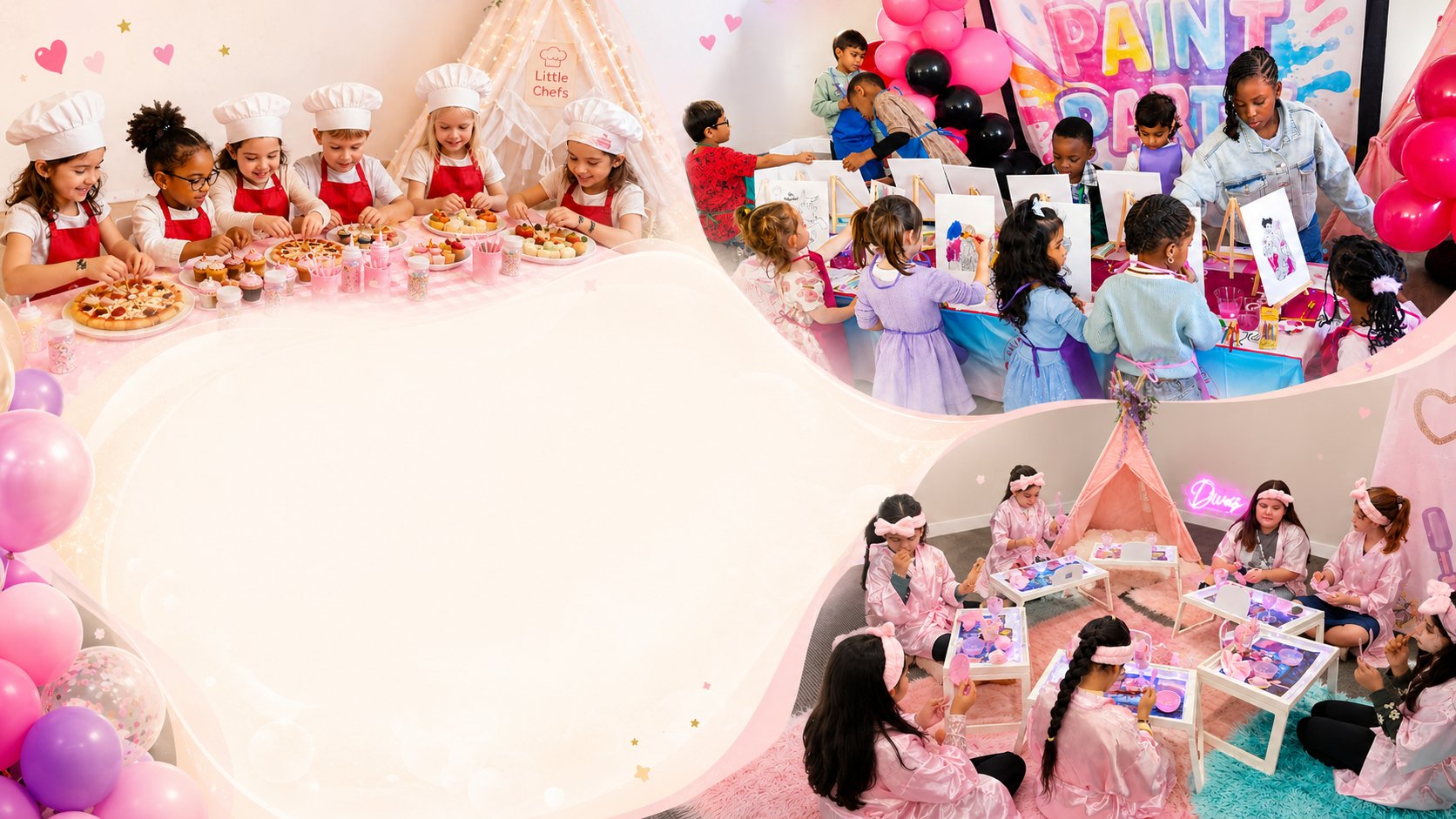 Collage of Party Learners Kids Studio spa, paint and chef decorating party experiences.
