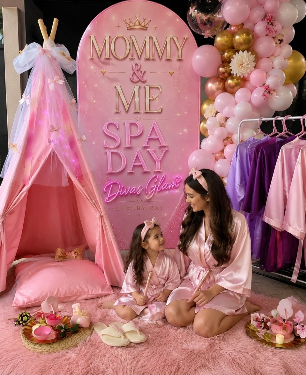 A mom and her daughter in pink robes in front of a Mommy & Me Spa Day backdrop with a teepee and balloon garland