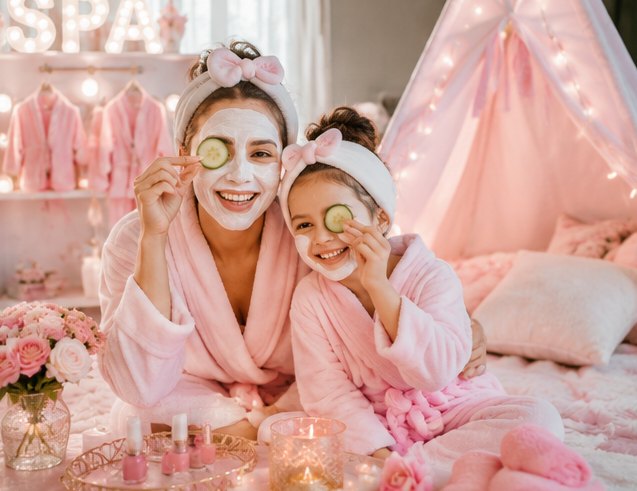 A mom and daughter smiling with face masks and cucumber slices at a Mommy & Me Spa Day