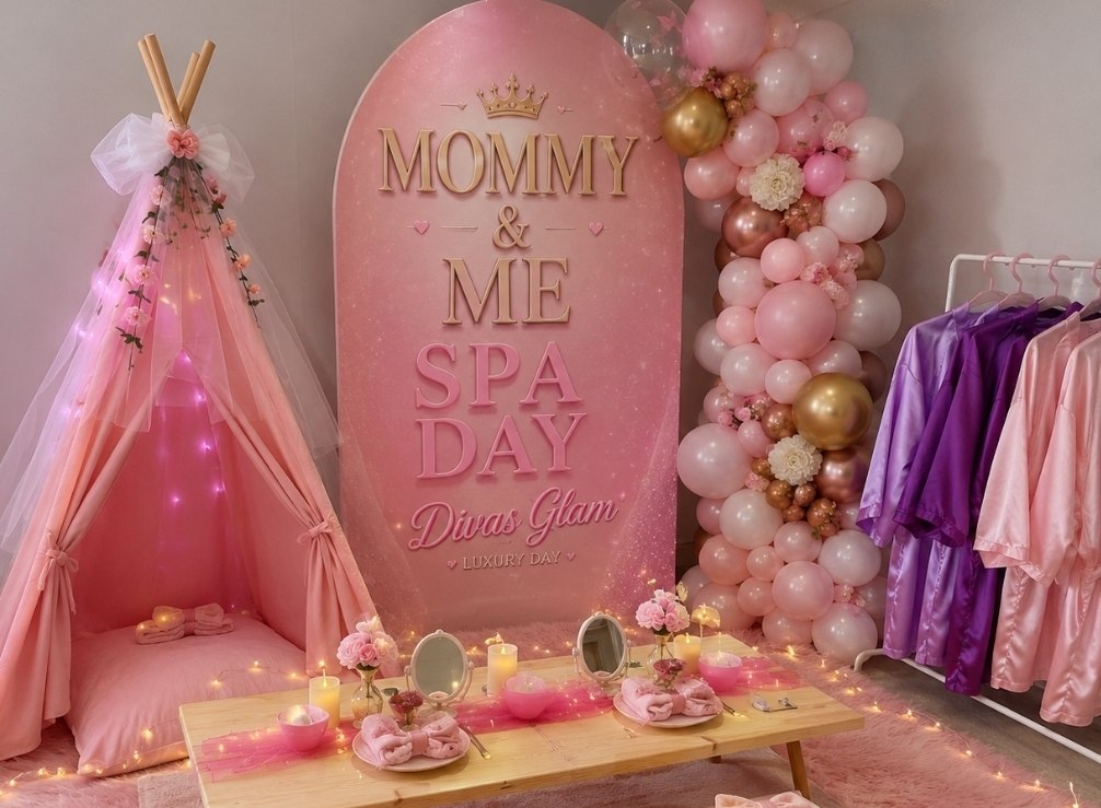A Mommy & Me Spa Day setup with a teepee, balloon garland, styled table and a Divas Glam backdrop