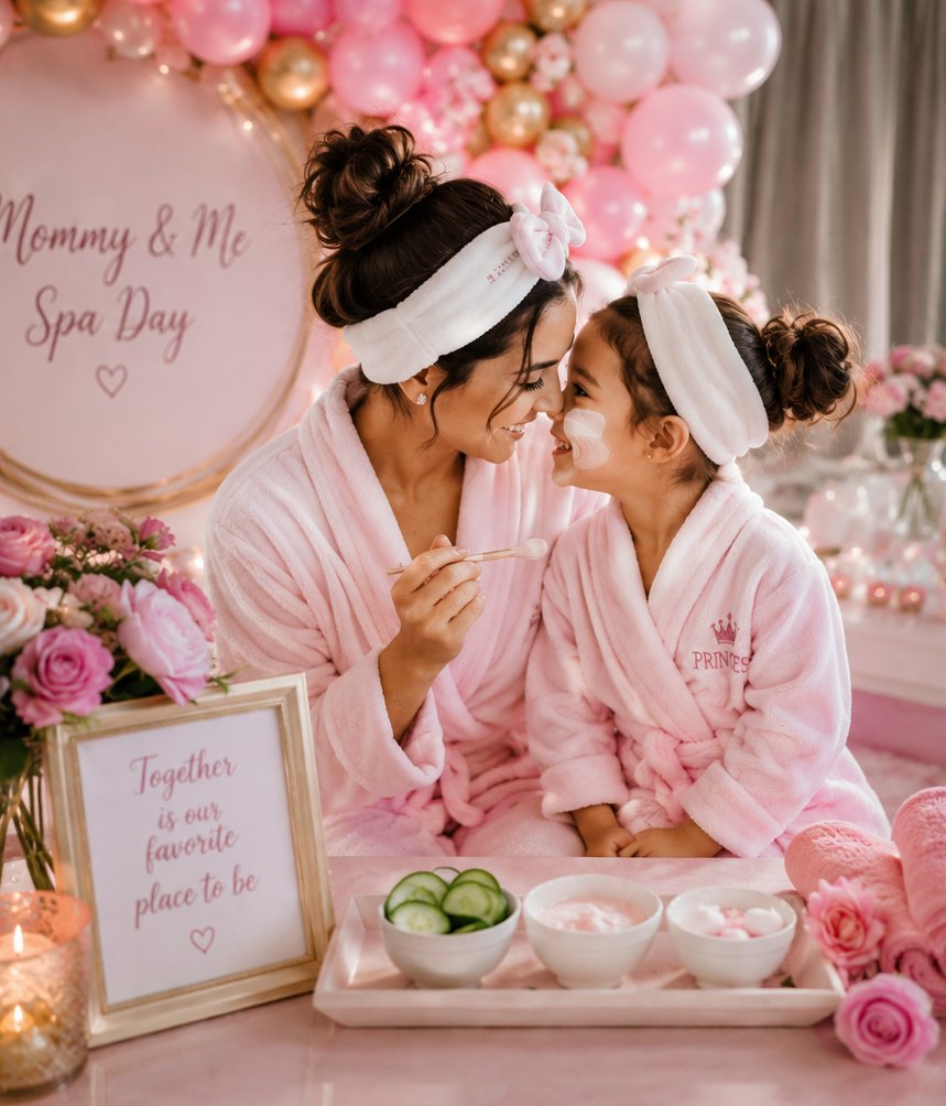 A mom and her little one touching noses in matching pink robes at a Mommy & Me Spa Day setup
