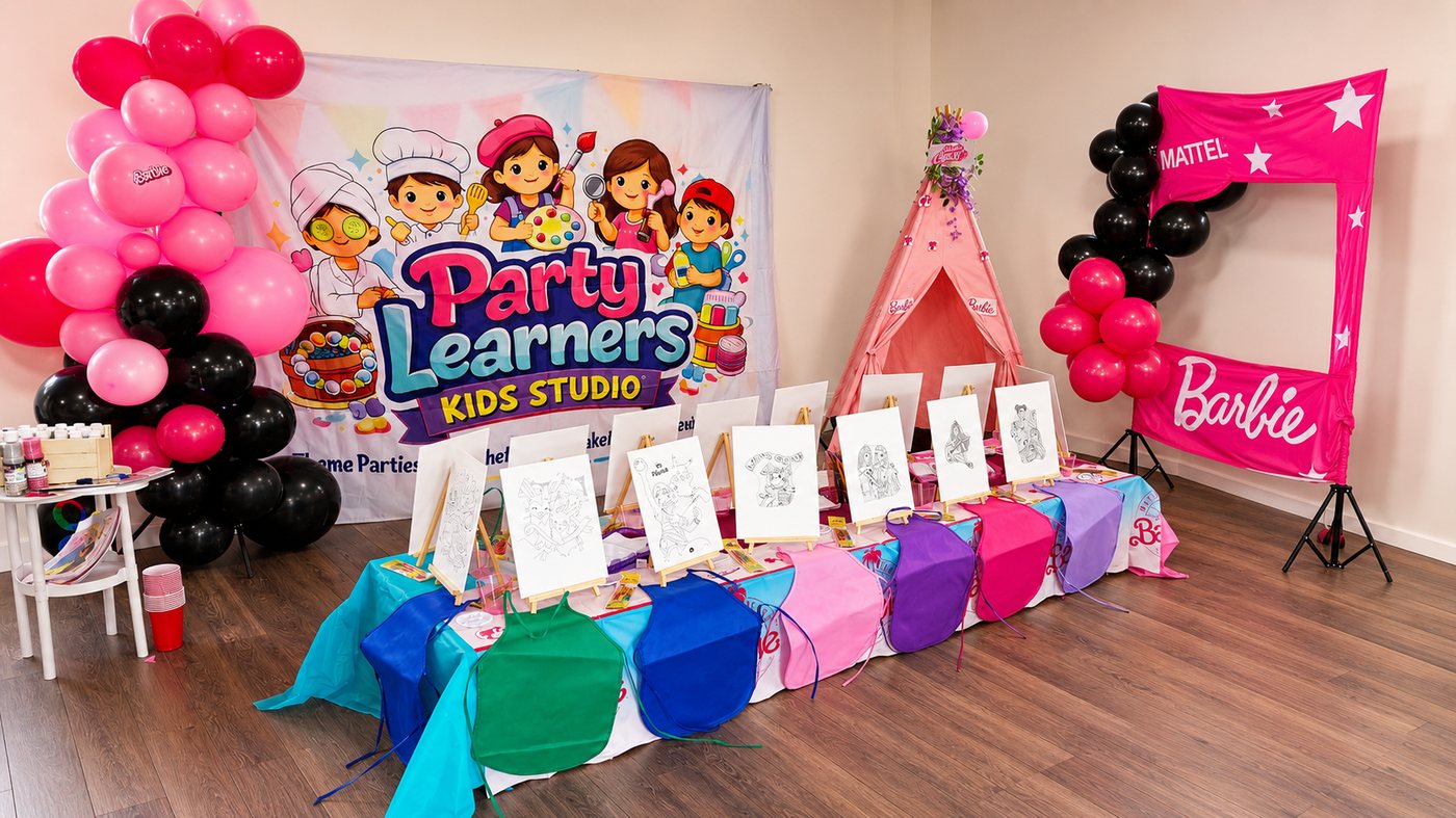 Paint Boho Party + Craft setup with Party Learners Kids Studio backdrop, balloon arches, pink tipi, easels with blank canvases and Barbie pink frame at Party Learners Kids Studio